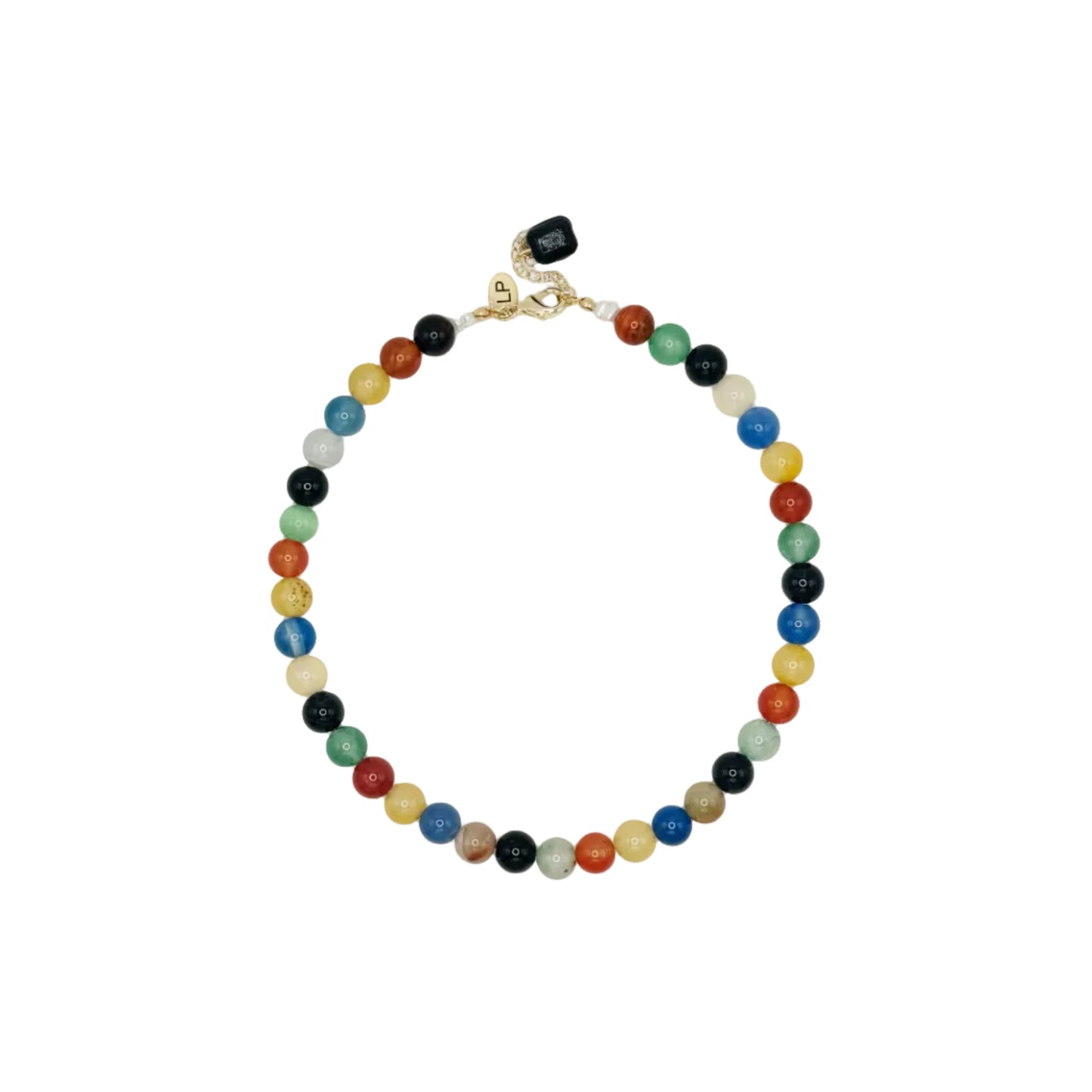 Multicolored beaded necklace on a white background