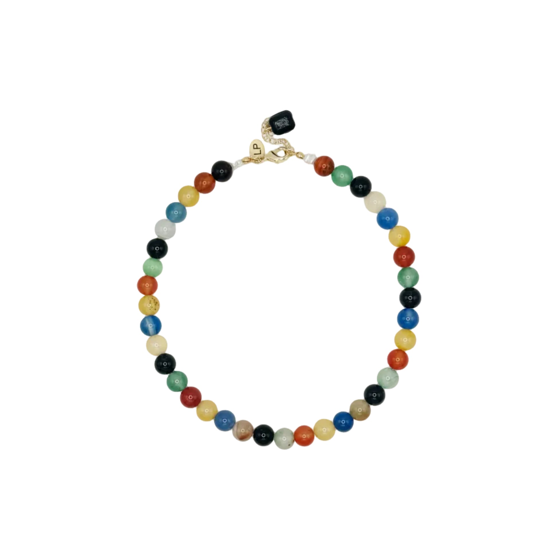 Multicolored beaded necklace on a white background