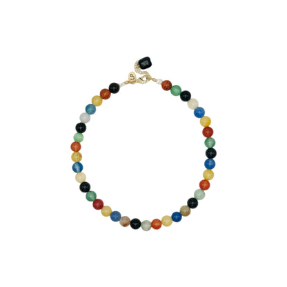 Multicolored beaded necklace on a white background