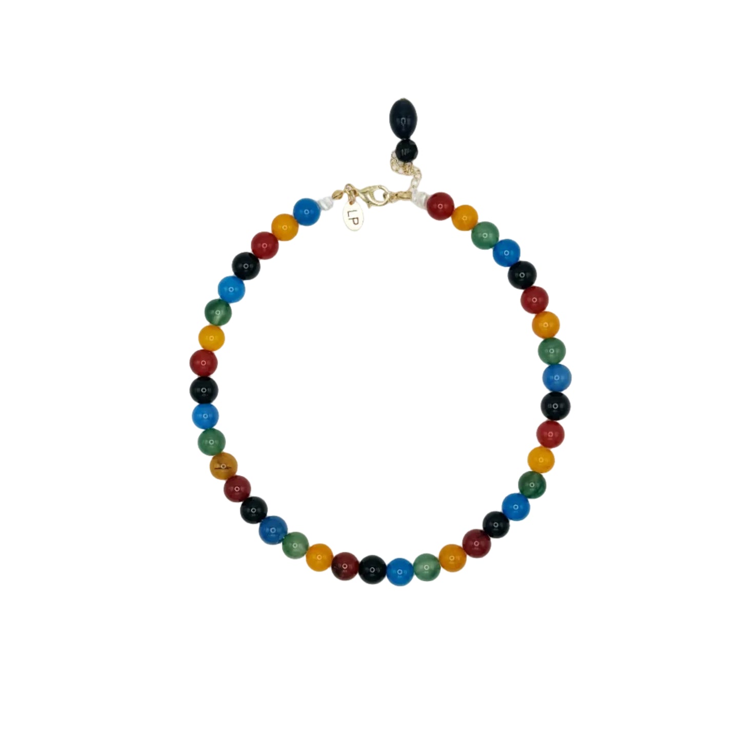 Multicolored beaded necklace on a white background