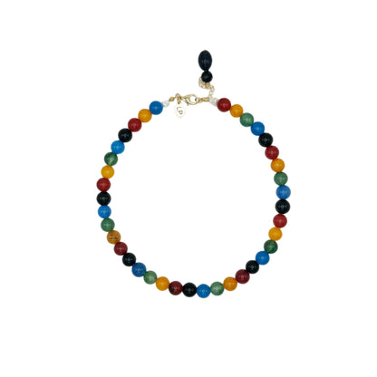 Multicolored beaded necklace on a white background