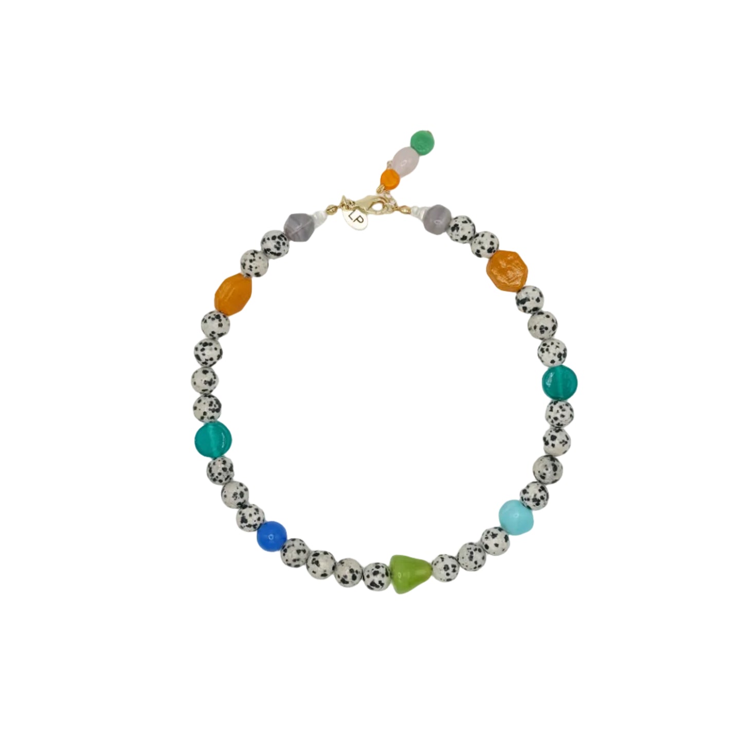 Necklace with multicolored beads on a white background