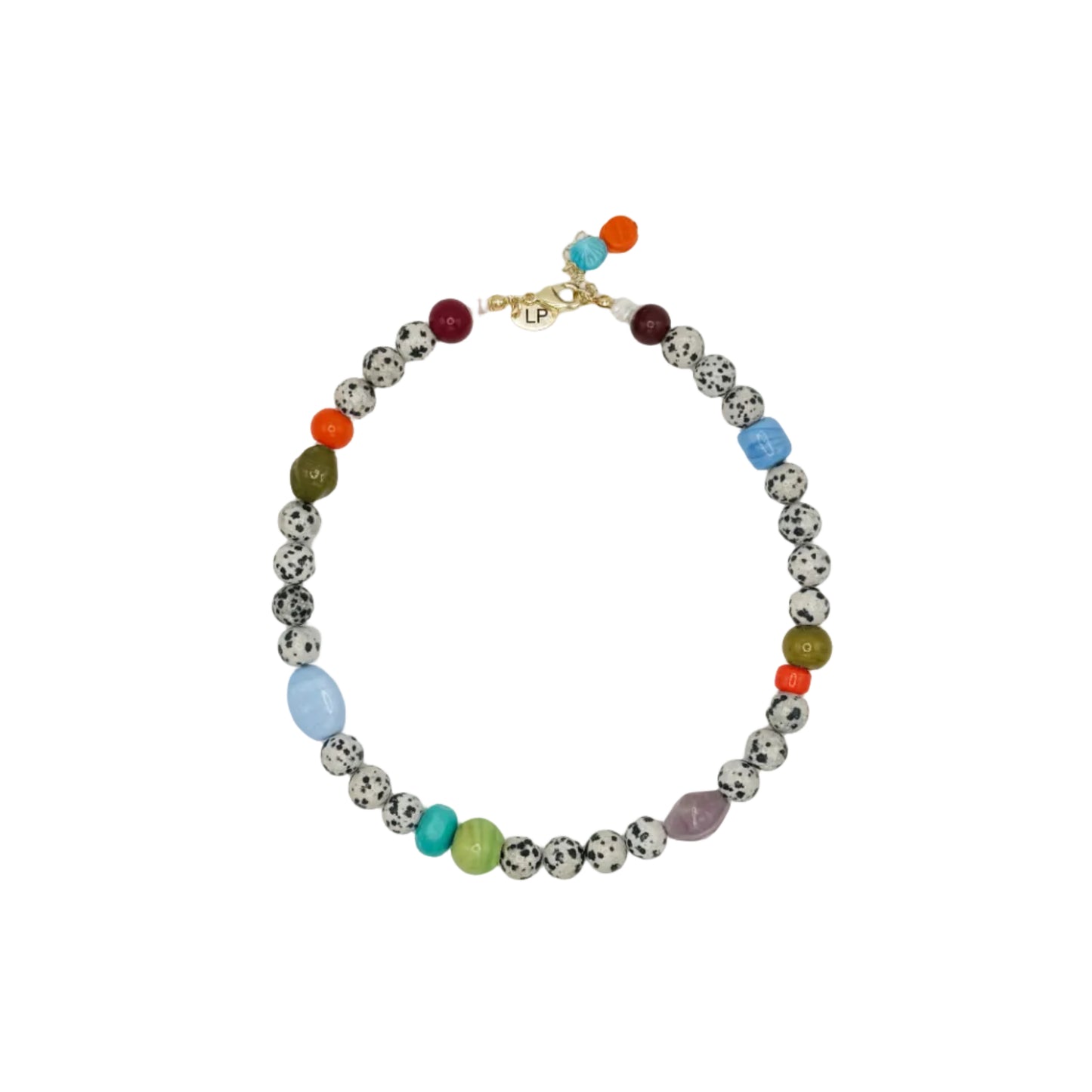 Necklace with multicolored beads on a white background