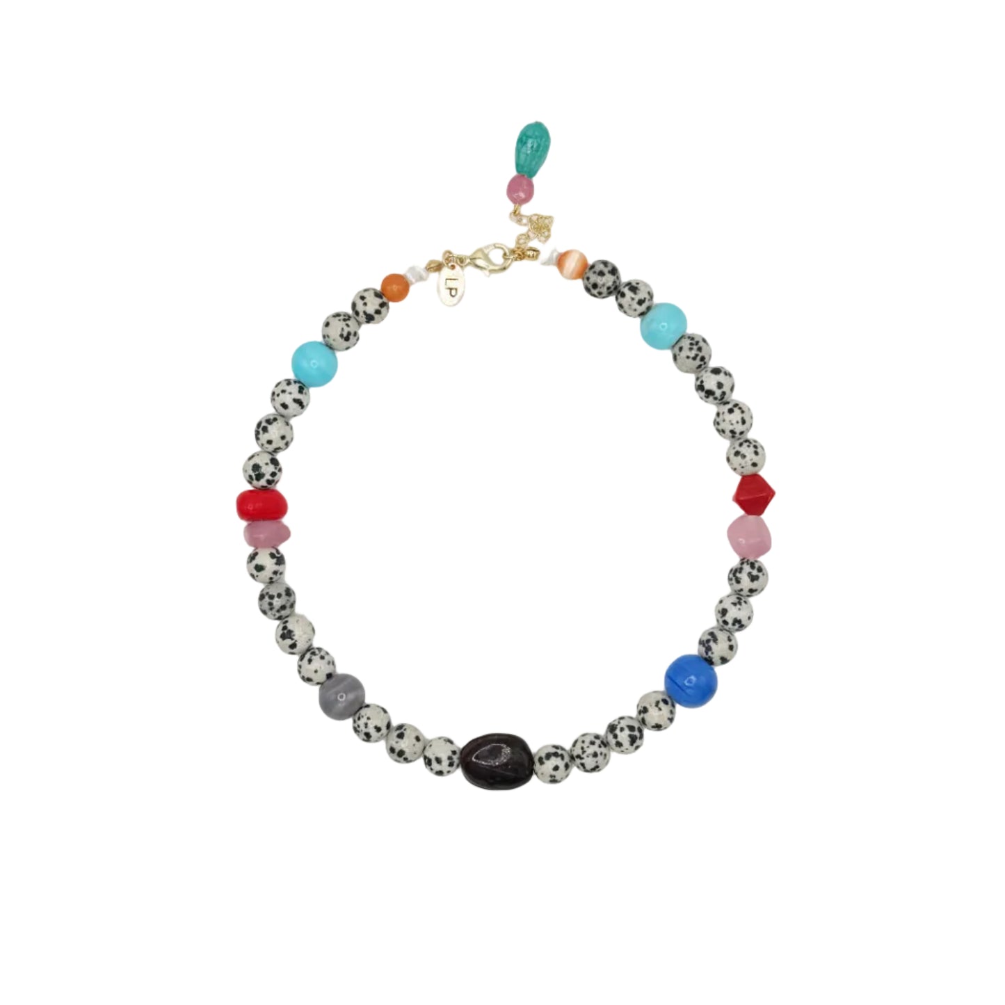 Necklace with multicolored beads on a white background