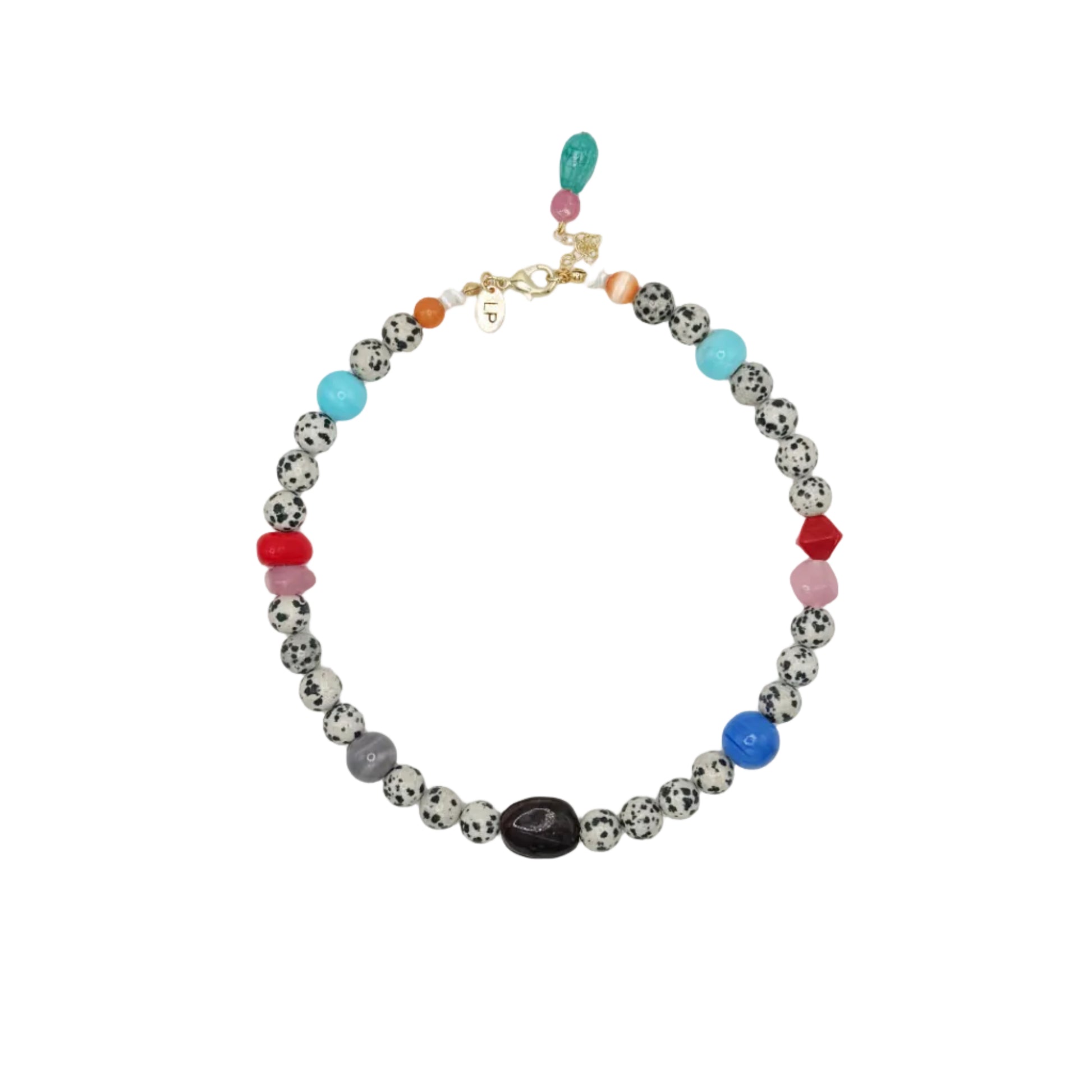 Necklace with multicolored beads on a white background