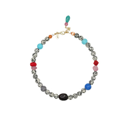 Necklace with multicolored beads on a white background