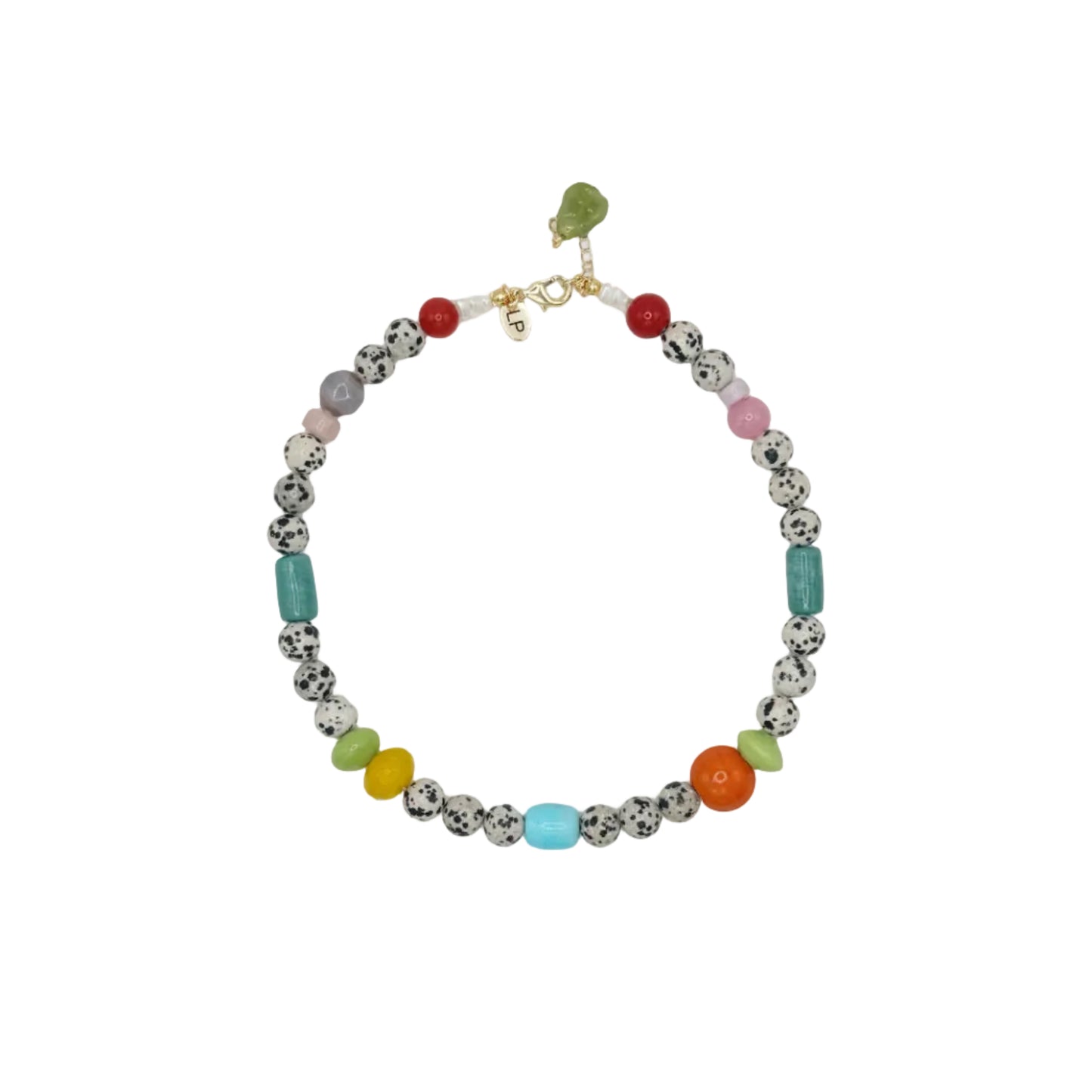 Necklace with multicolored beads on a white background