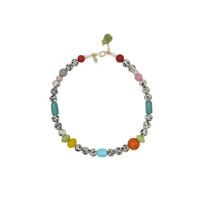 Necklace with multicolored beads on a white background
