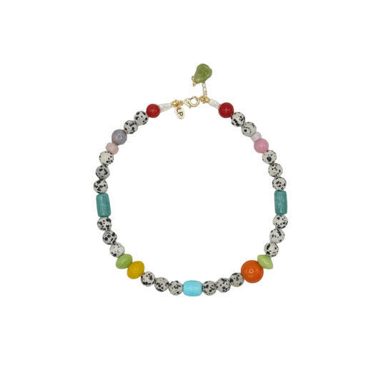 Necklace with multicolored beads on a white background