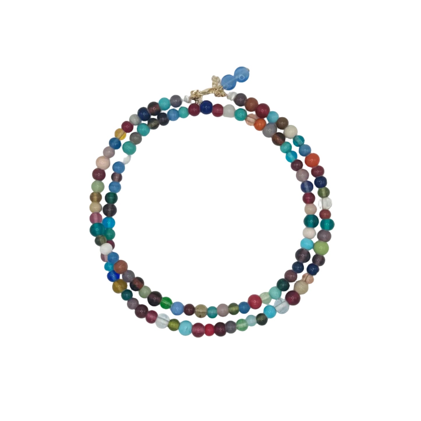 Multicolored beaded necklace on a white background