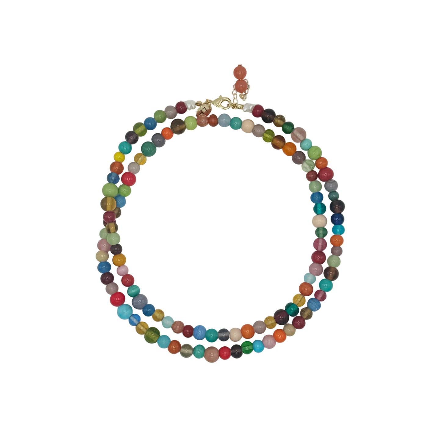 Multicolored beaded necklace on a white background