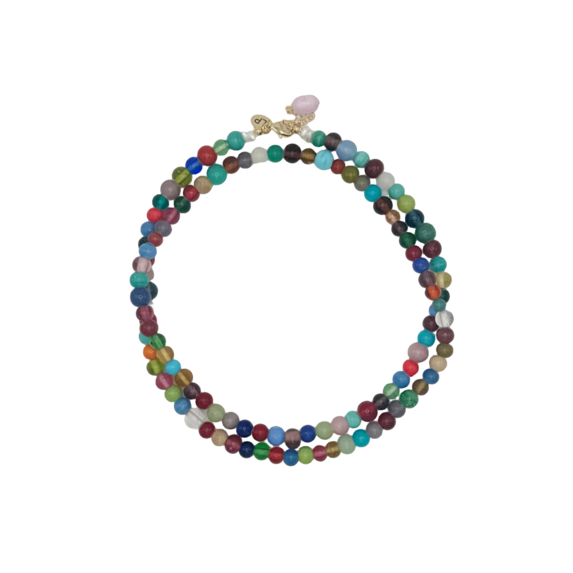 Multicolored beaded necklace on a white background
