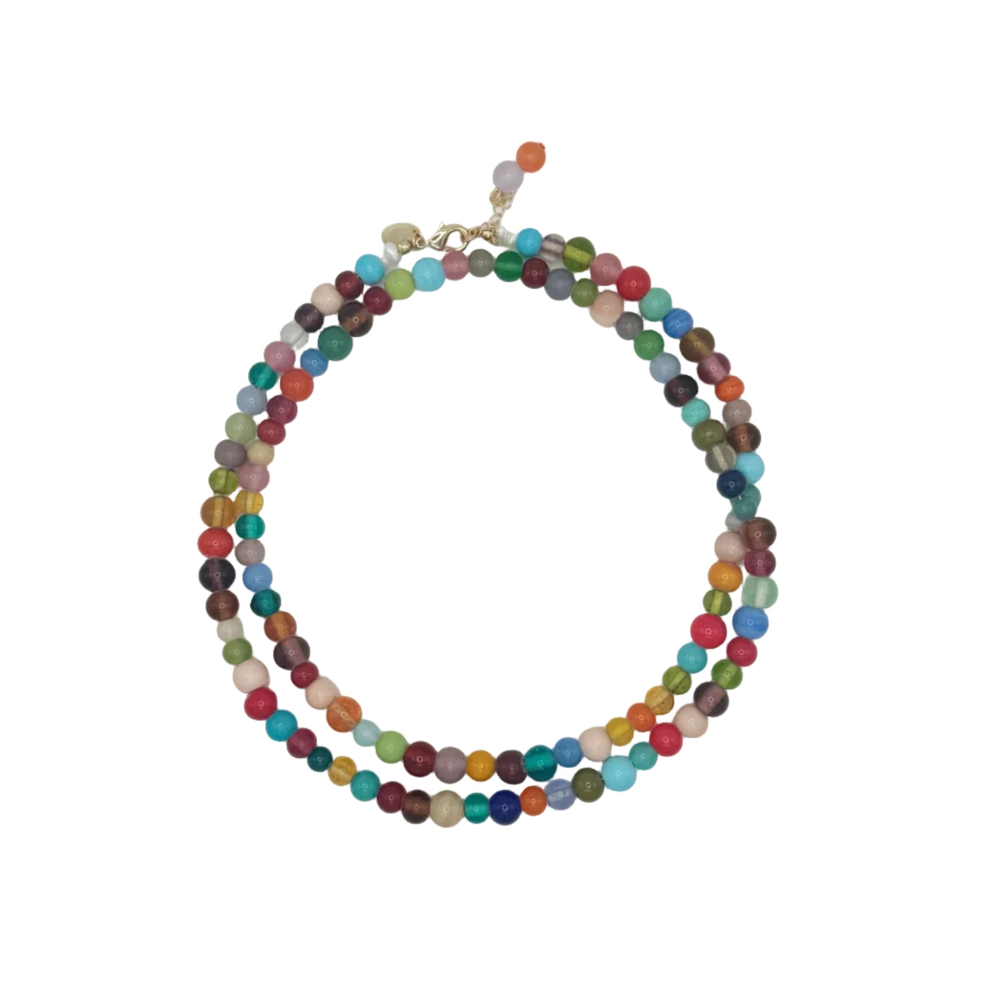 Multicolored beaded necklace on a white background
