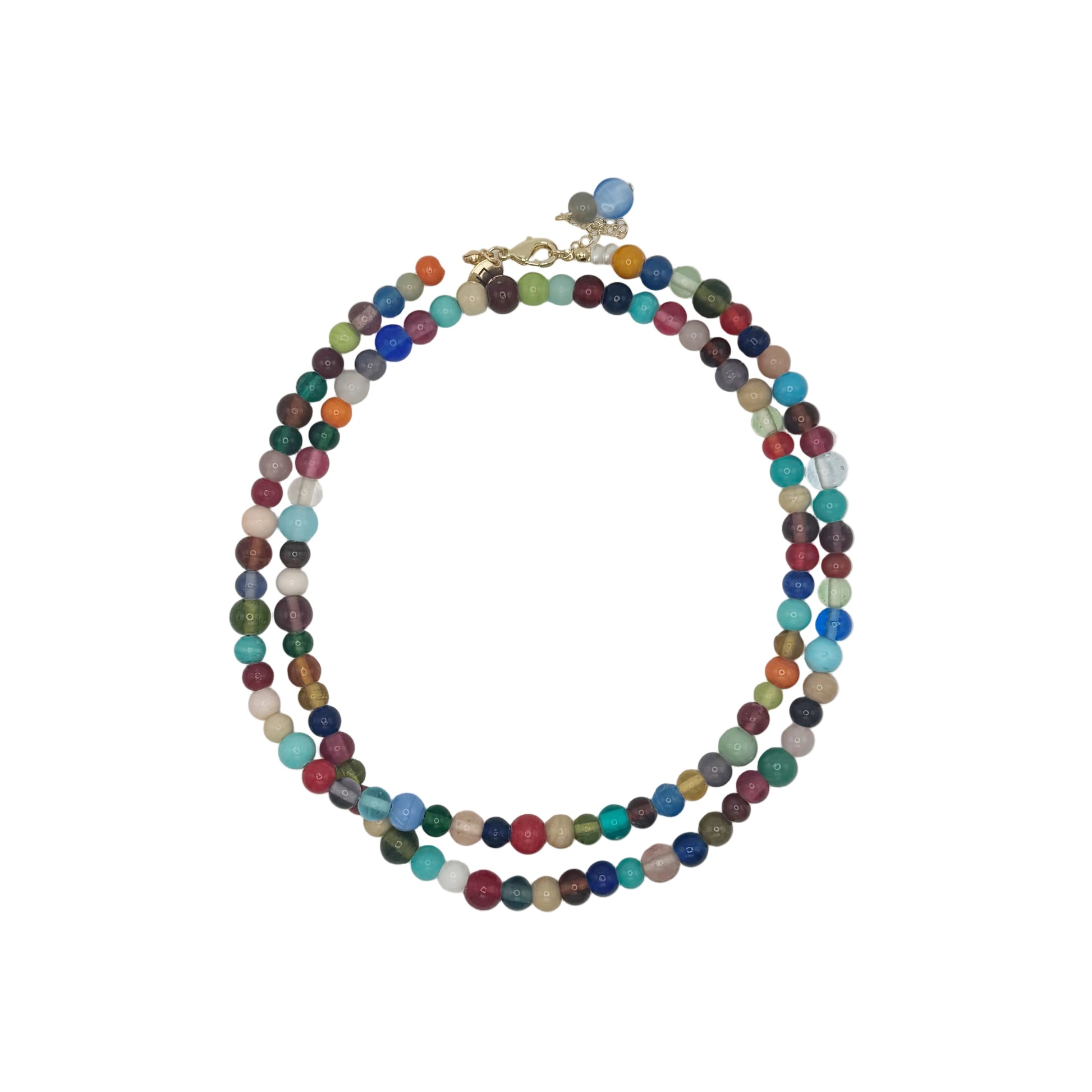 Multicolored beaded necklace on a white background