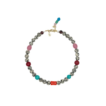 Necklace with multicolored beads on a white background