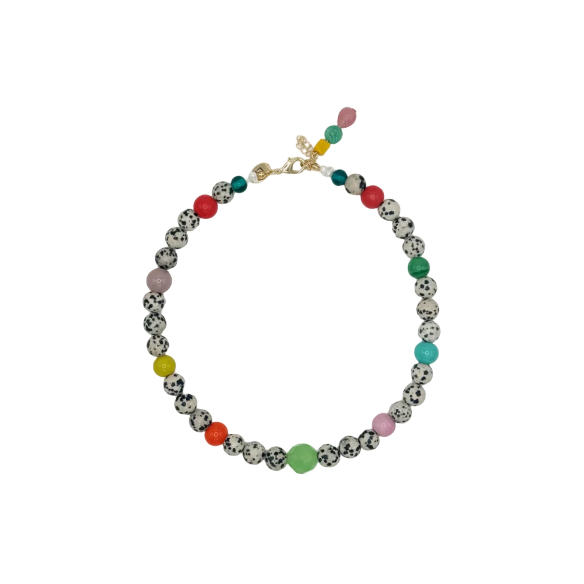 Necklace with multicolored beads on a white background