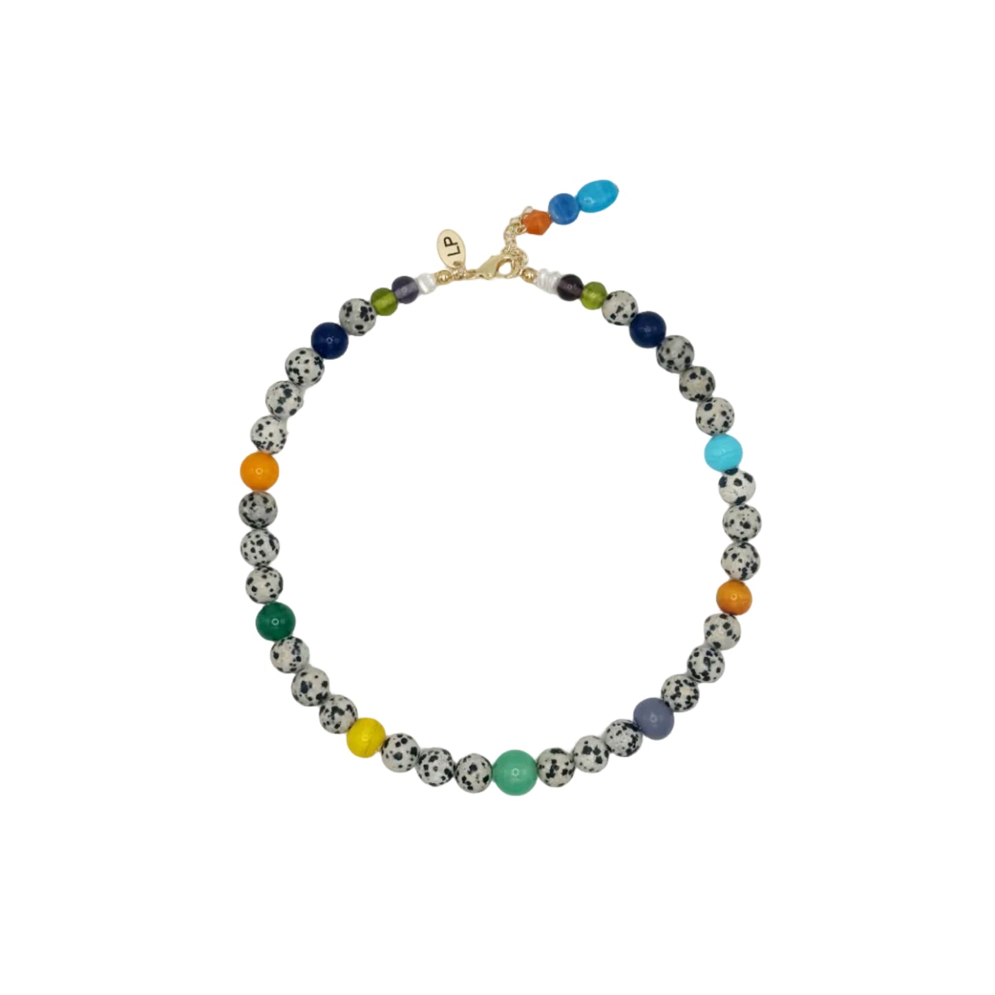 Necklace with multicolored beads on a white background