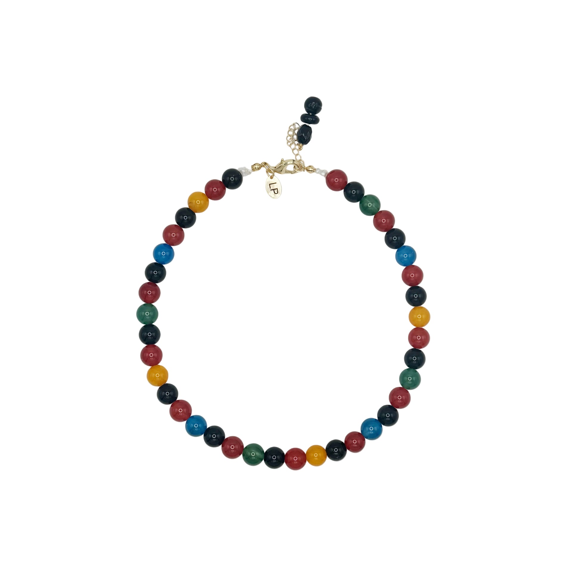 Multicolored beaded necklace on a white background