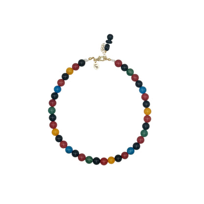 Multicolored beaded necklace on a white background