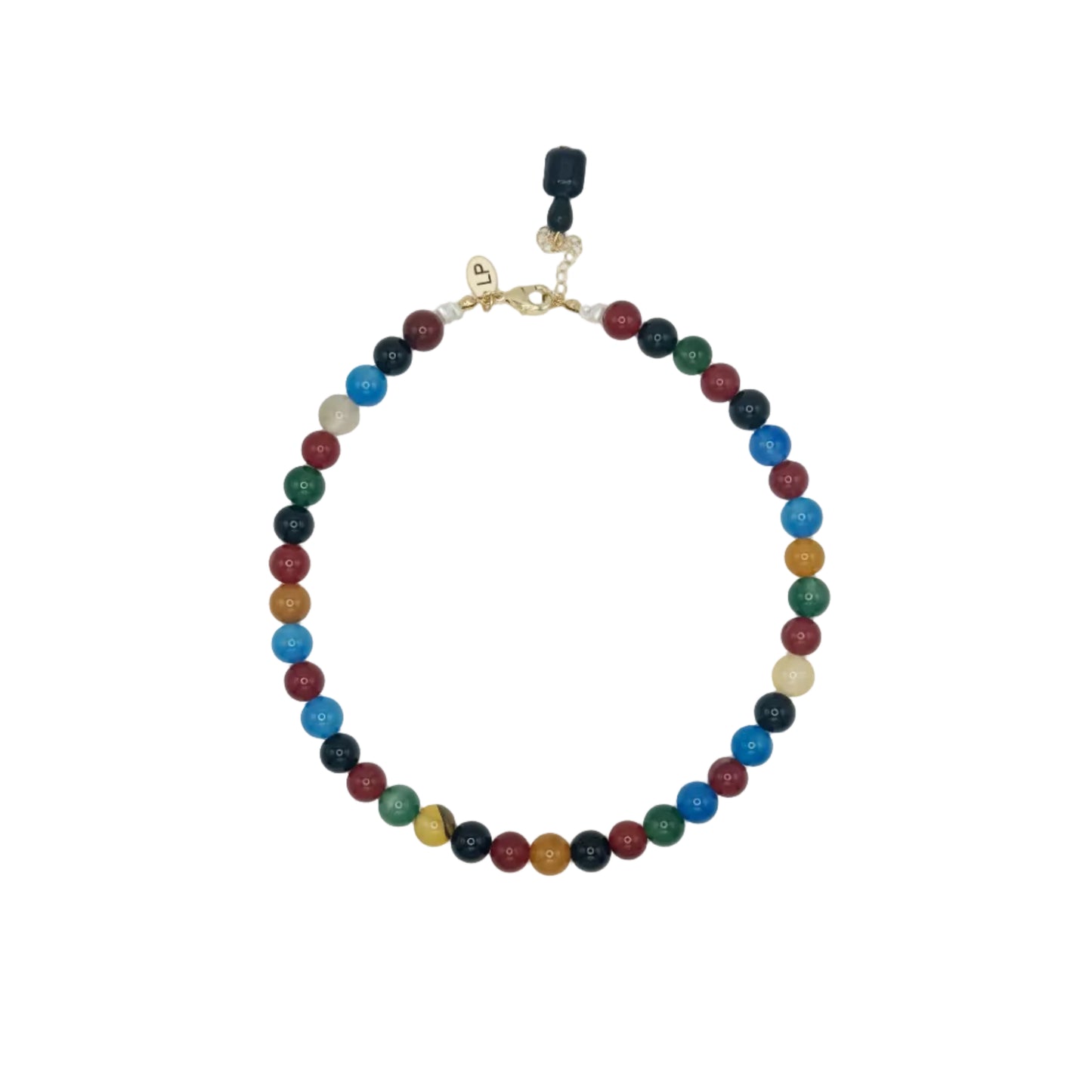 Multicolored beaded necklace on a white background