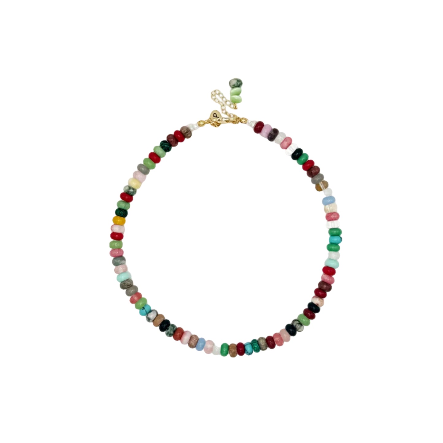 Colorful beaded necklace on a white background