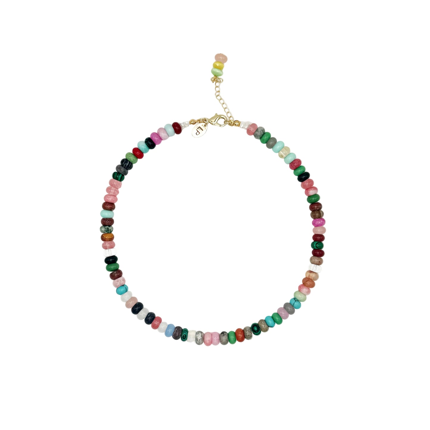 Multicolored beaded necklace on a white background