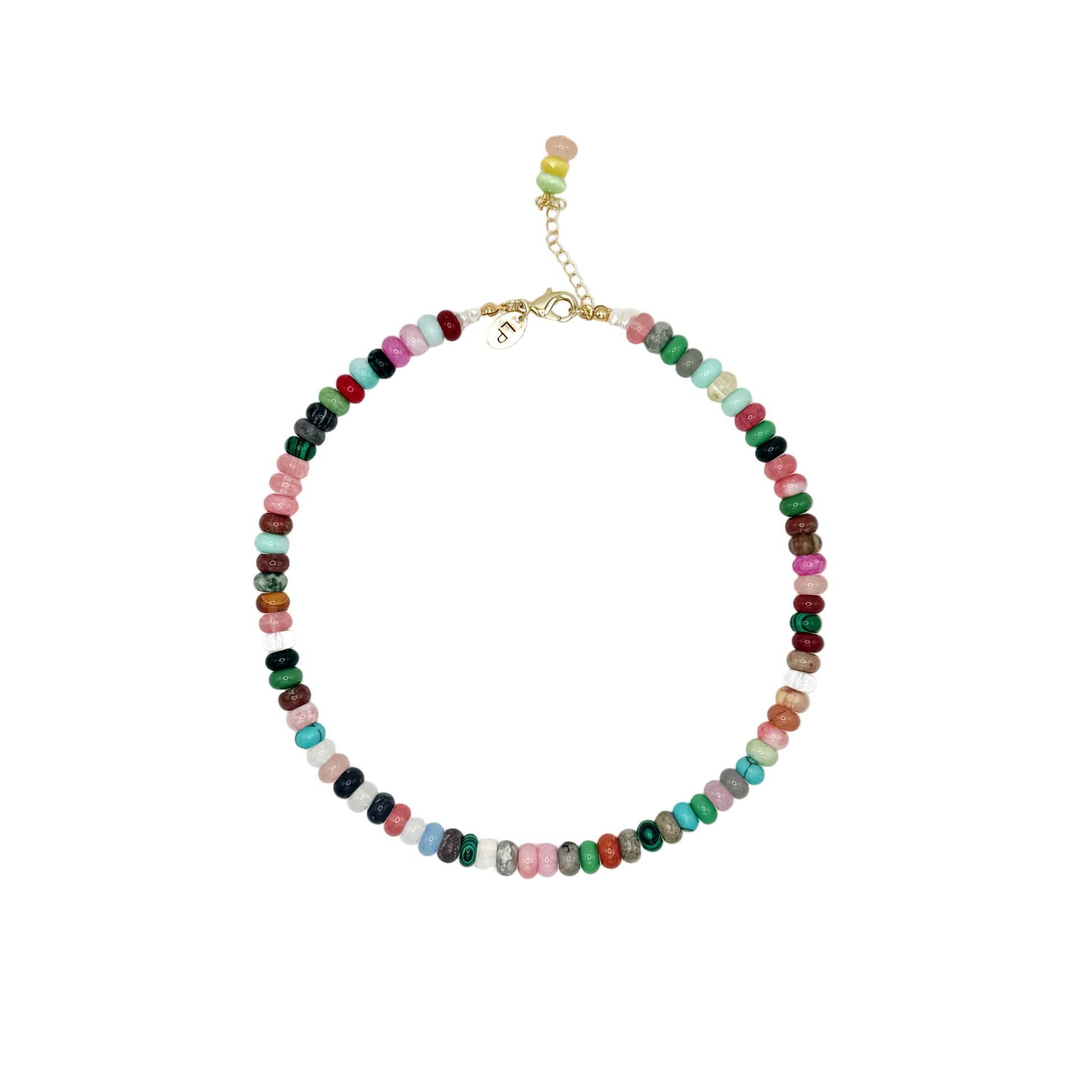 Multicolored beaded necklace on a white background