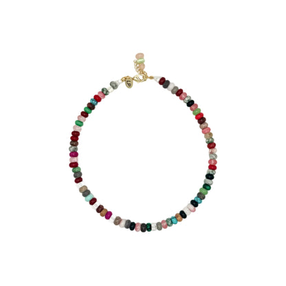 Multicolored beaded necklace on a white background