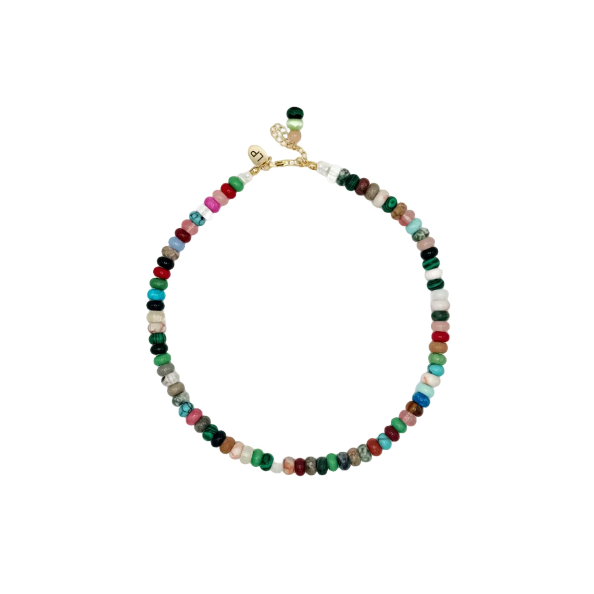 Multicolored beaded necklace on a white background