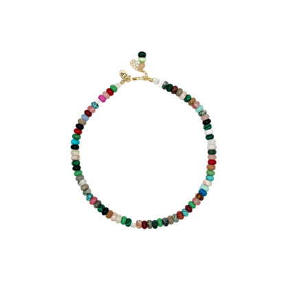 Multicolored beaded necklace on a white background