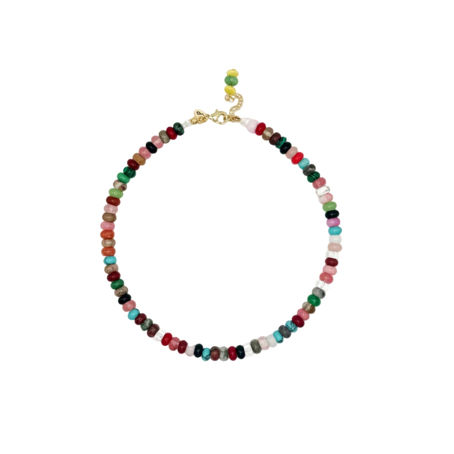 Multicolored beaded necklace on a white background