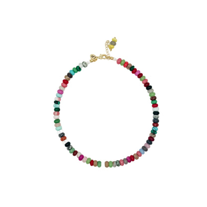 Multicolored beaded necklace on a white background