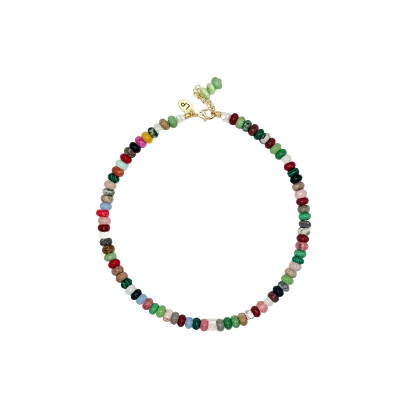 Multicolored beaded necklace on a white background