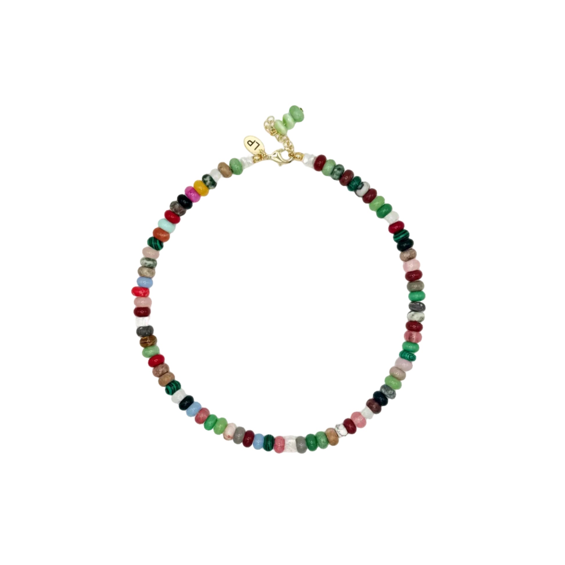 Multicolored beaded necklace on a white background