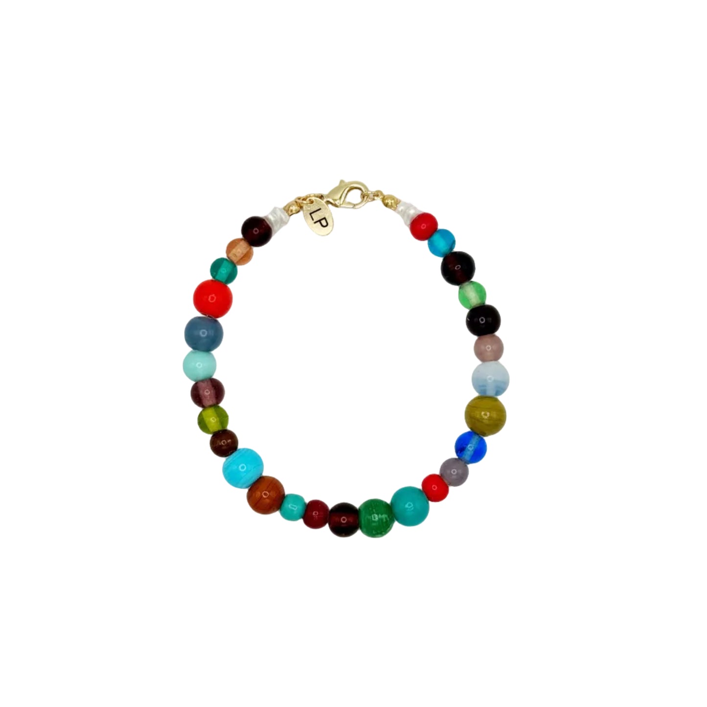 Multicolored beaded anklet on a white background