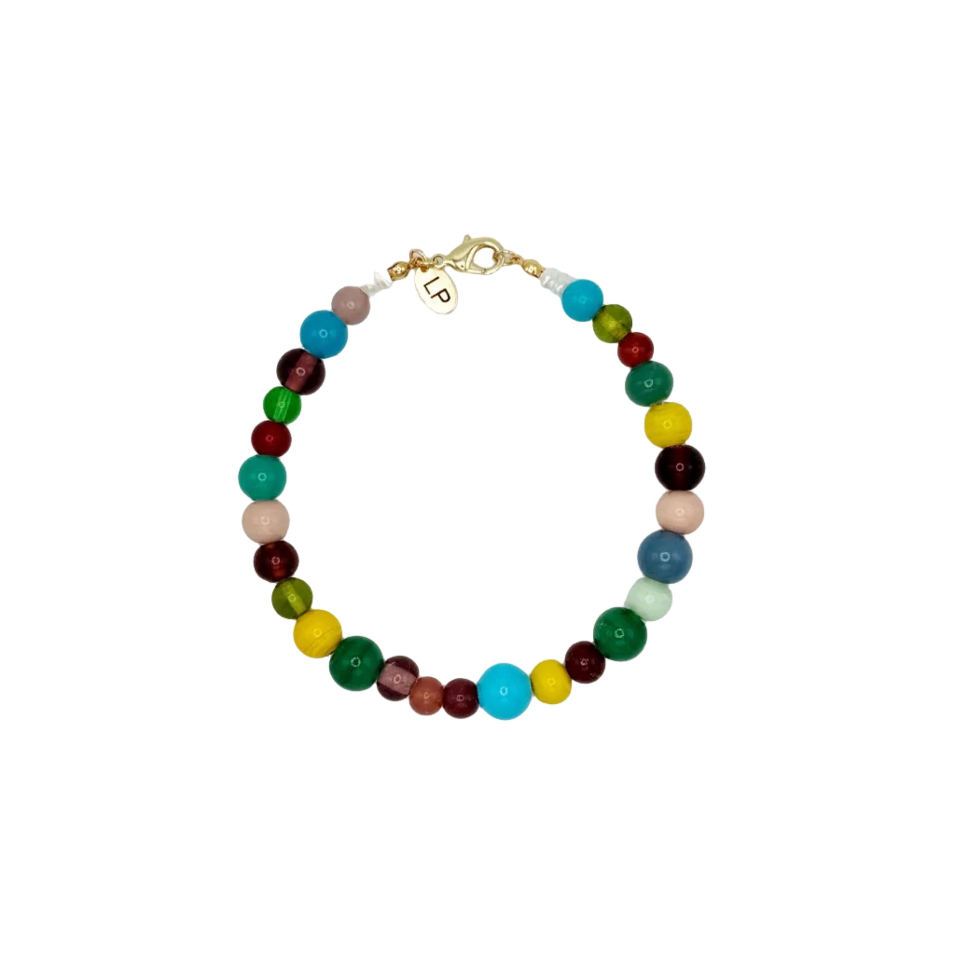Multicolored beaded anklet on a white background