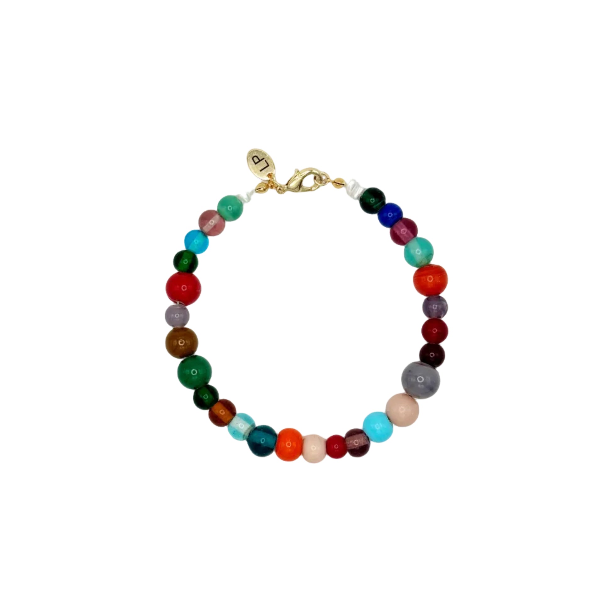 Multicolored beaded anklet on a white background
