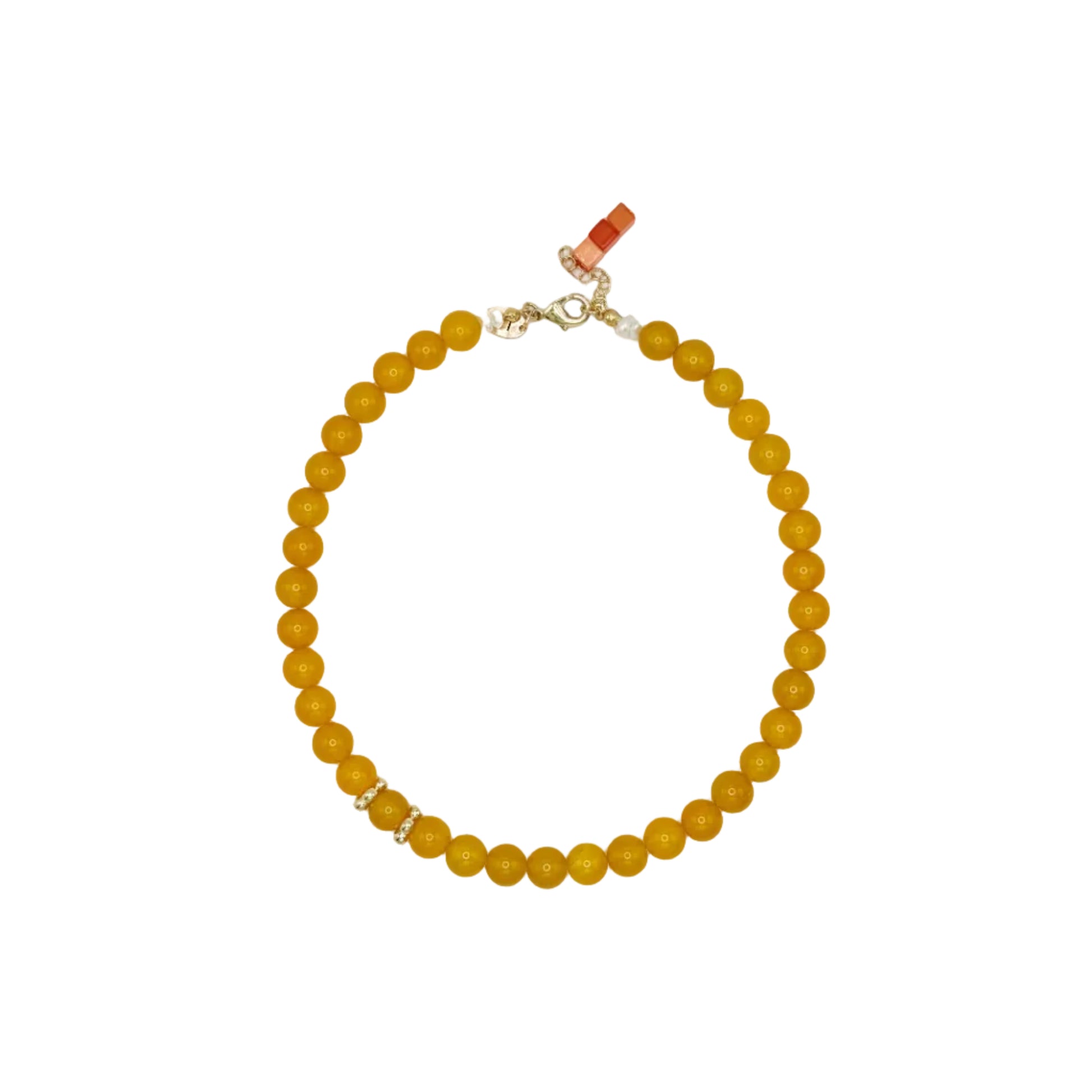 Yellow beaded necklace on a white background
