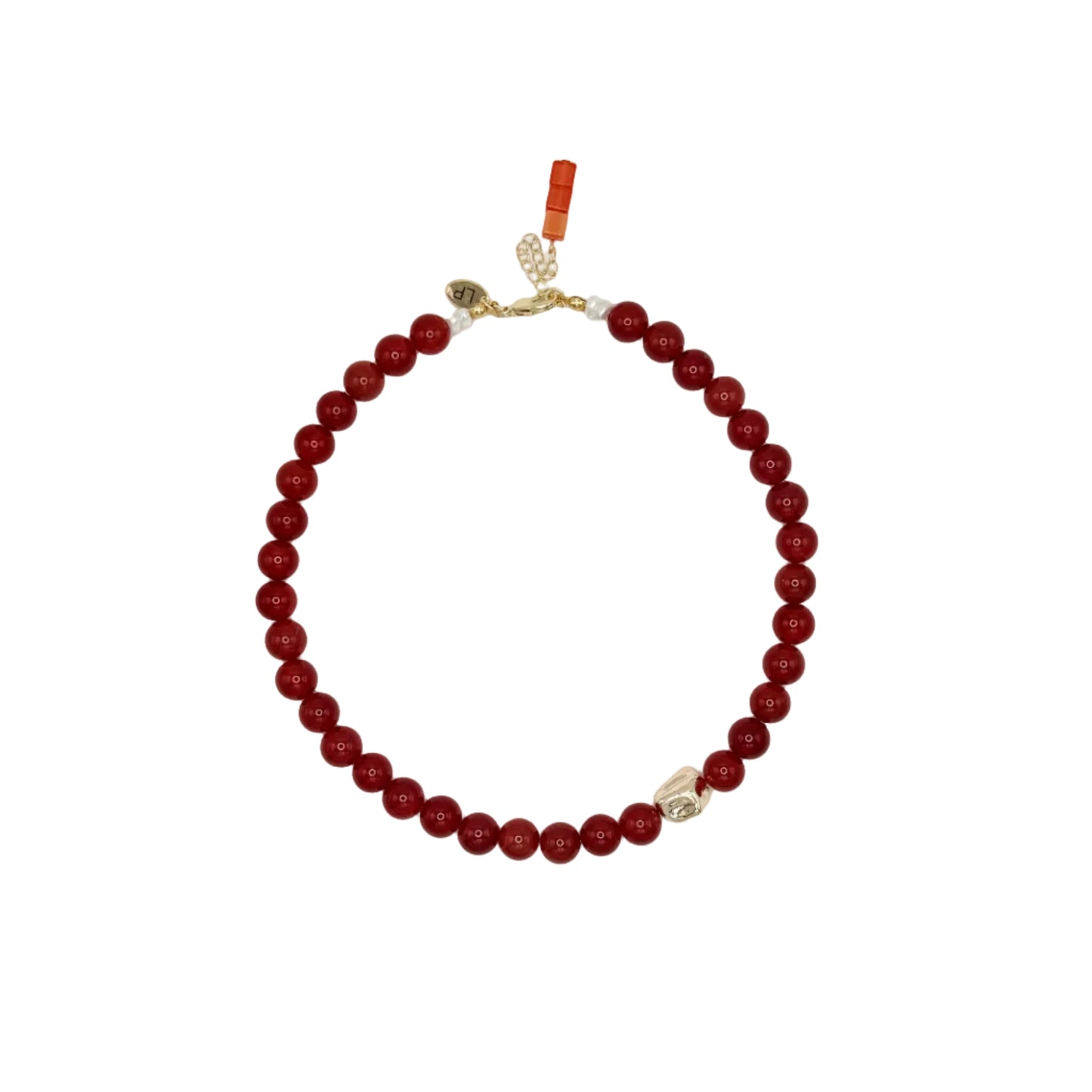 Red beaded necklace with a gold clasp on a white background