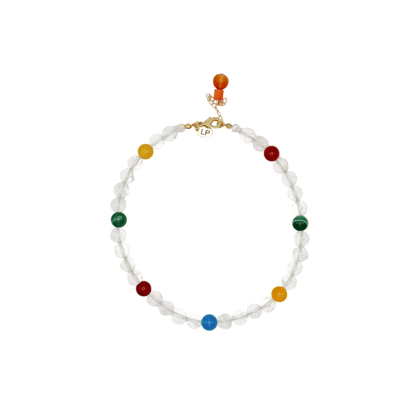 Necklace with multicolored beads on a white background