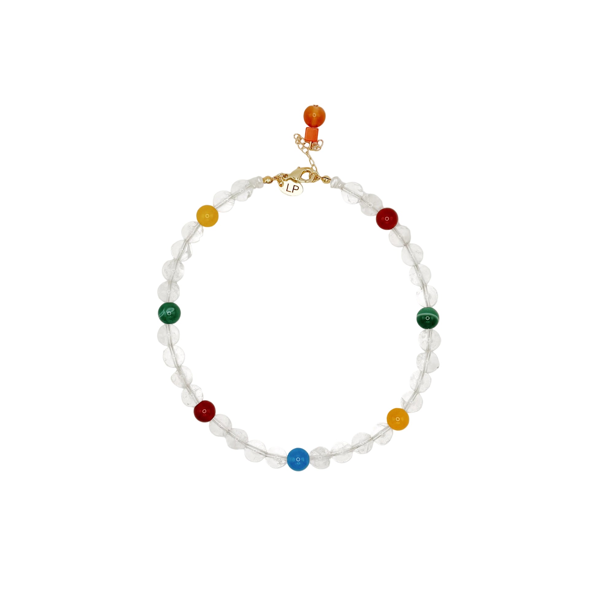 Necklace with multicolored beads on a white background