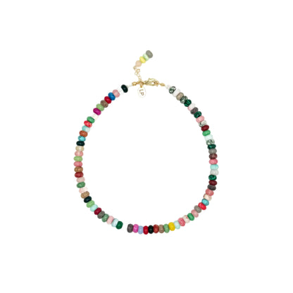 Multicolored beaded necklace on a white background