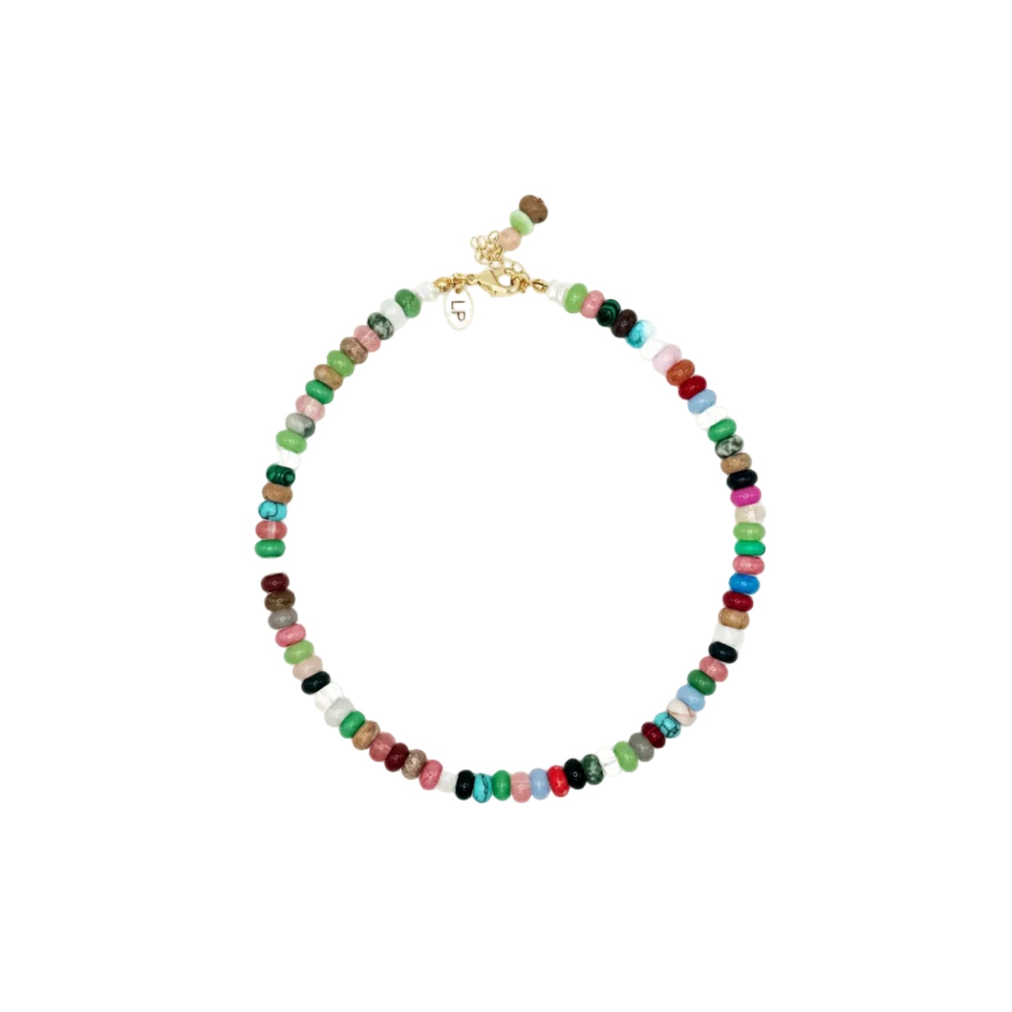 Multicolored beaded necklace on a white background