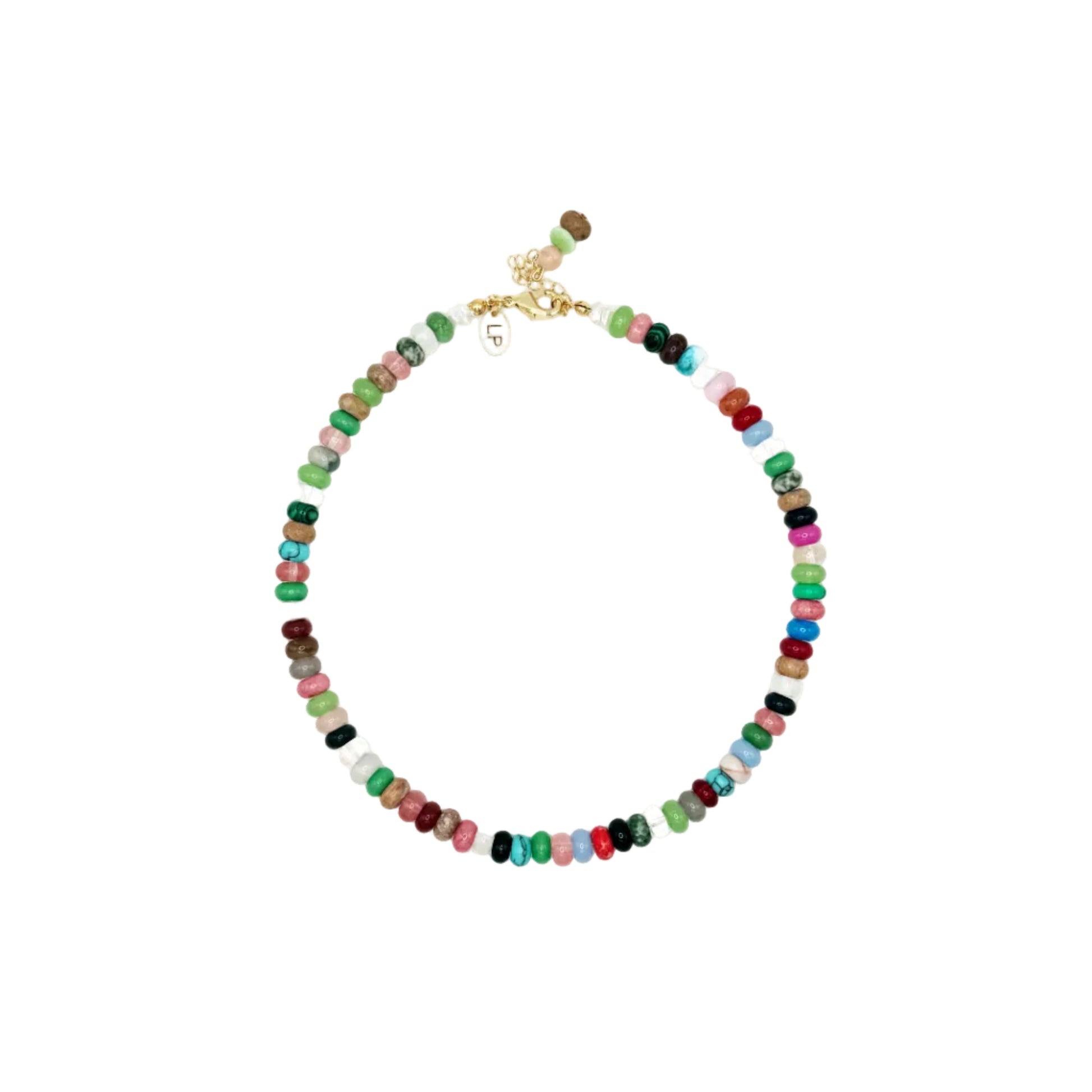 Multicolored beaded necklace on a white background