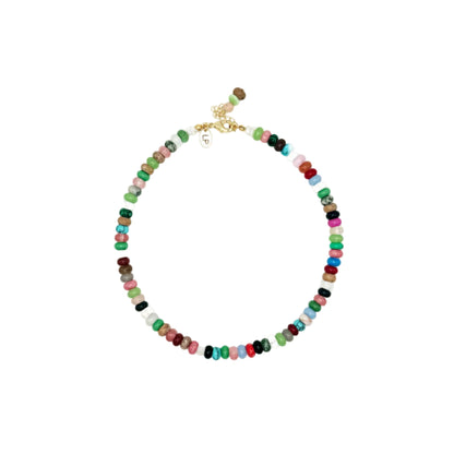 Multicolored beaded necklace on a white background