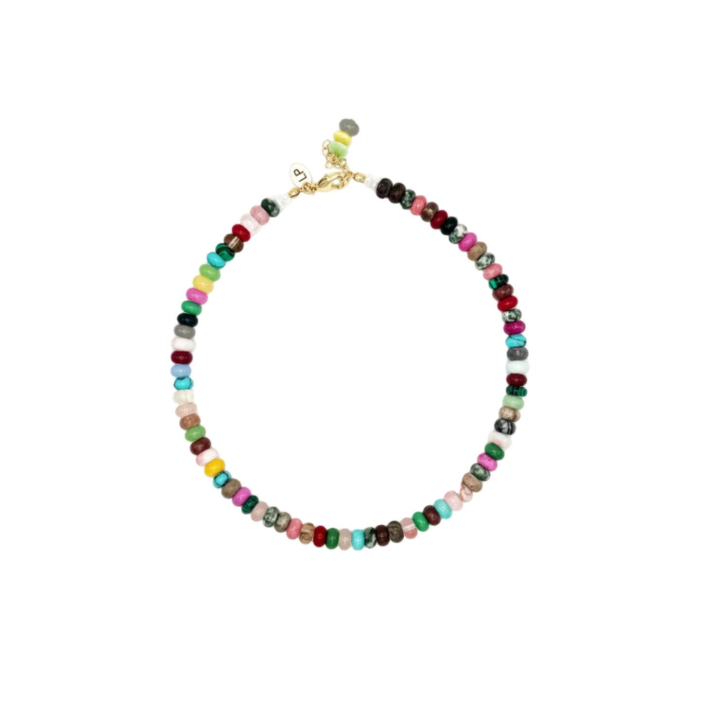 Multicolored beaded necklace on a white background