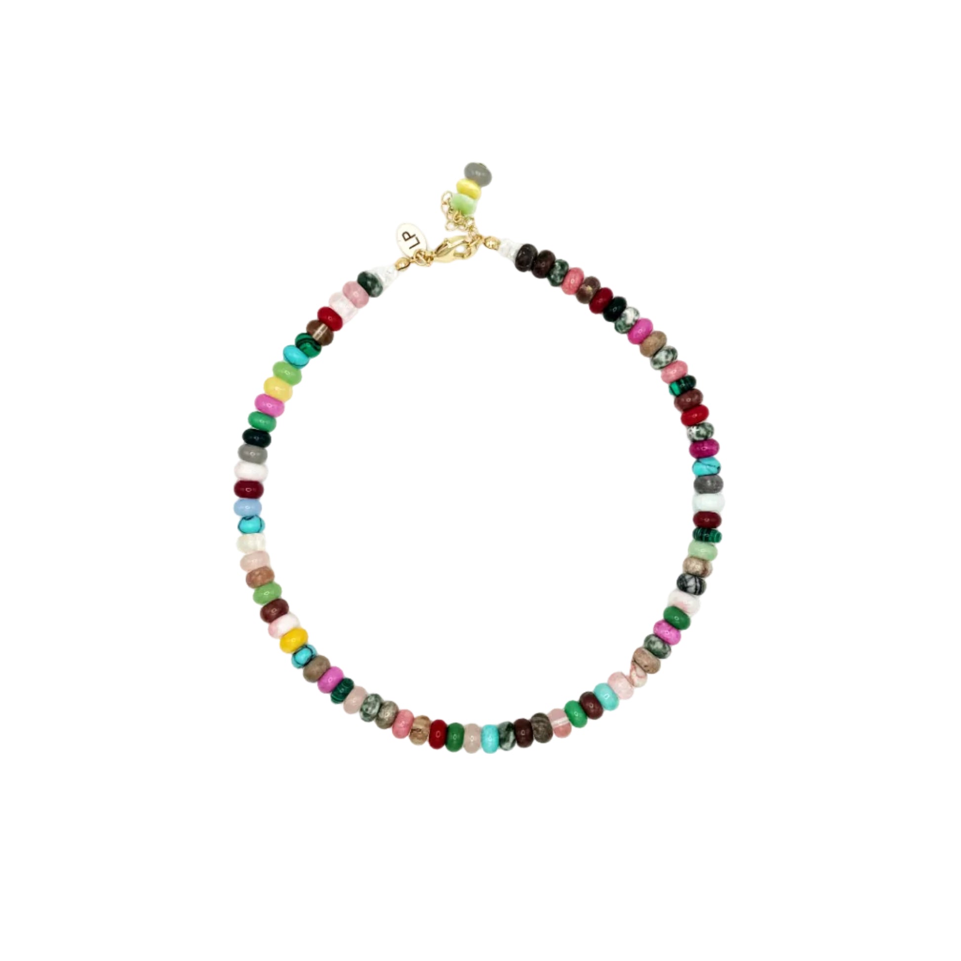 Multicolored beaded necklace on a white background