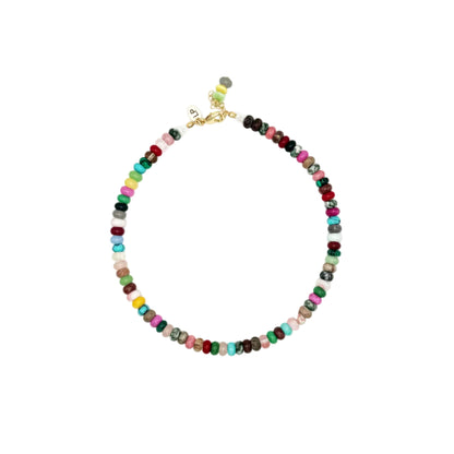 Multicolored beaded necklace on a white background