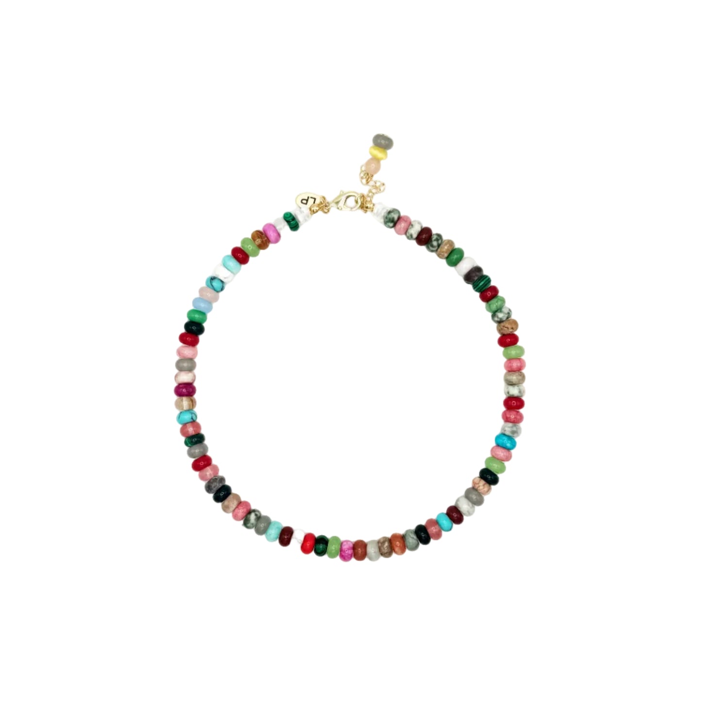 Multicolored beaded necklace on a white background