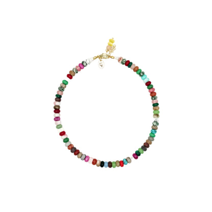 Multicolored beaded necklace on a white background